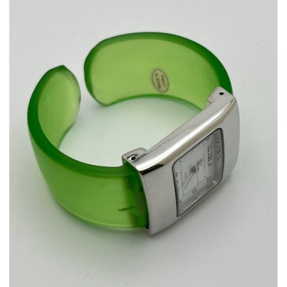 Green Opaque Womens Wide Cuff Watch Silver Tone Square Face Cannes Retro 80s - Picture 7 of 7